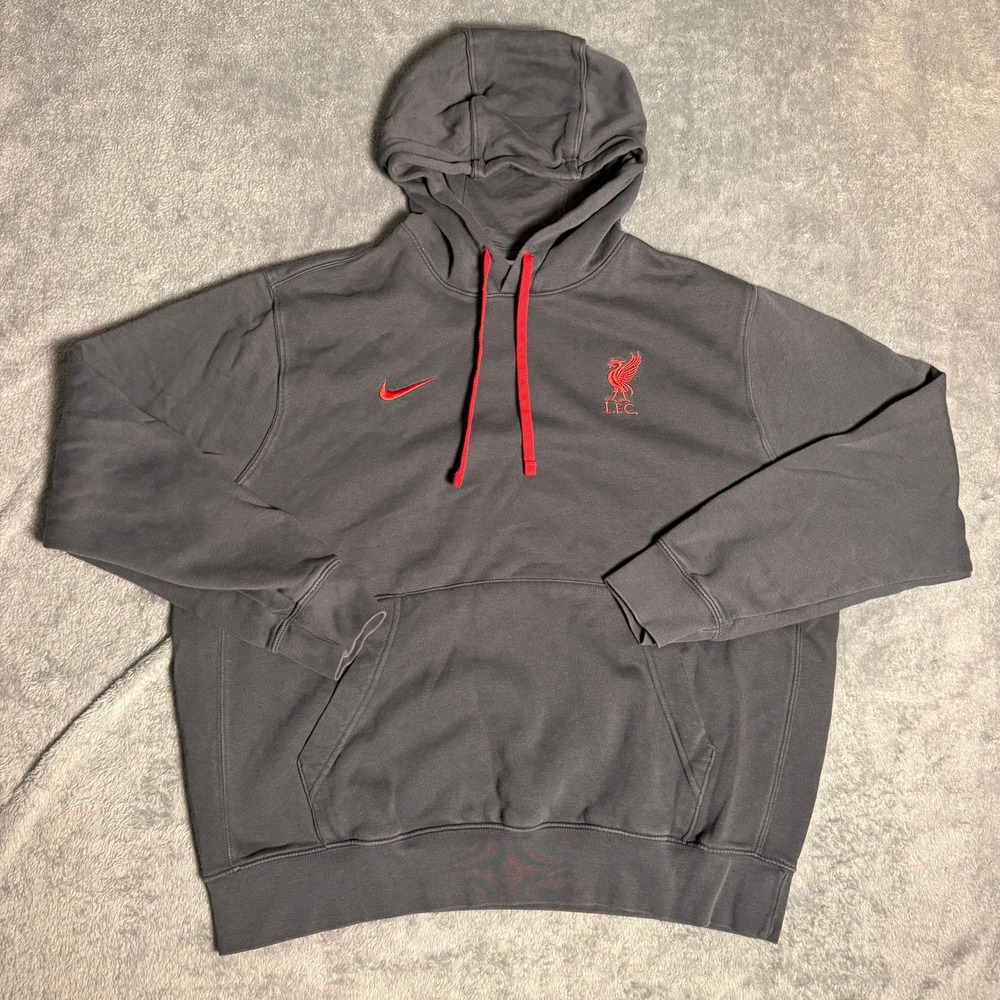 Nike Liverpool FC Club Hoodie Mens Large Grey Red LFC Fleece Pullover Sweatshirt